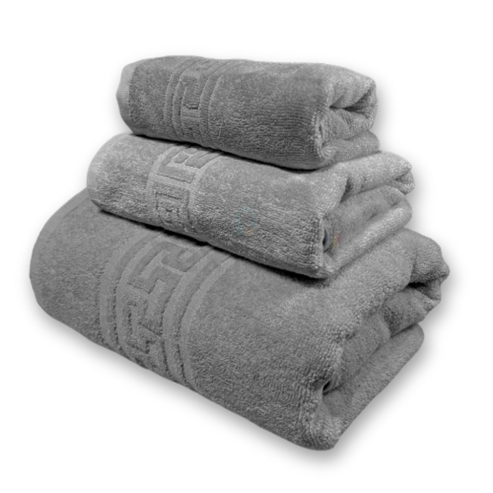 Set 3 Prosoape de baie 100% bumbac calitate premium, 30x50cm, 50X90 cm, 70x140 cm, TextiLici, Gri