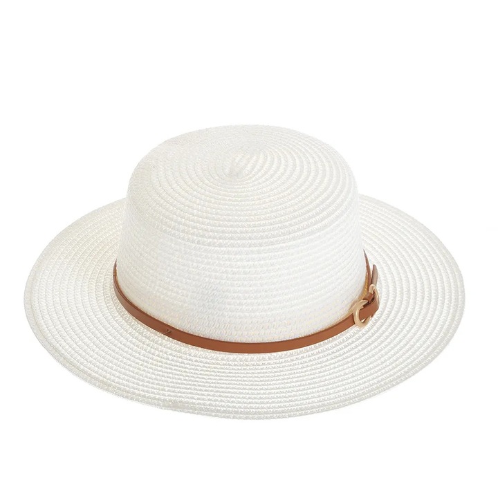 Palarie alba Meli Melo Paris cu accesoriu tip curea, 57cm, 7cm bor, reglabila