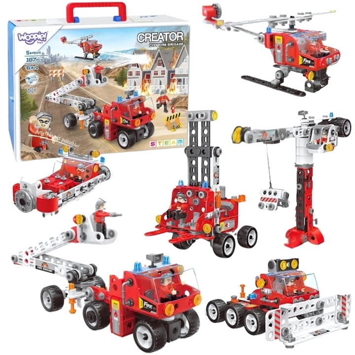 Set de constructie Woopie Creator City Fire Brigade, 6 vehicule de salvare, rosu-alb, cutie de depozitare