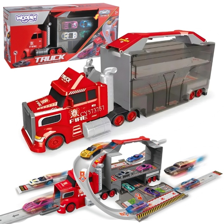 Set Zapada Six-Six-Zero, camion cu functie de remorca, pista de curse, 4 masinute metalice, 7 elemente pista, 7 semne rutiere, rosu/negru