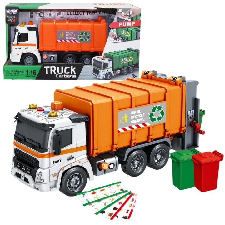 Camion de gunoi interactiv Woopie, 1:16, efecte sonore si lumini, portocaliu