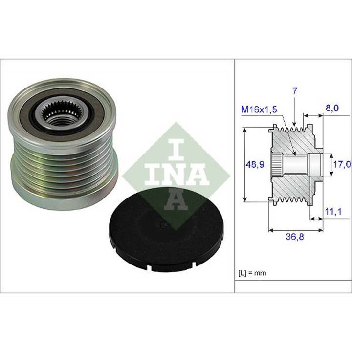 Egyirányú kuplung, Ina, 535 0081 10, Bordák száma 7, Távolság az első bordától 8 mm, Átmérő 1 48.9 mm, Átmérő 2 17.0 mm, 48.9 mm x 17.0 mm x 36.8 mm x Generátor