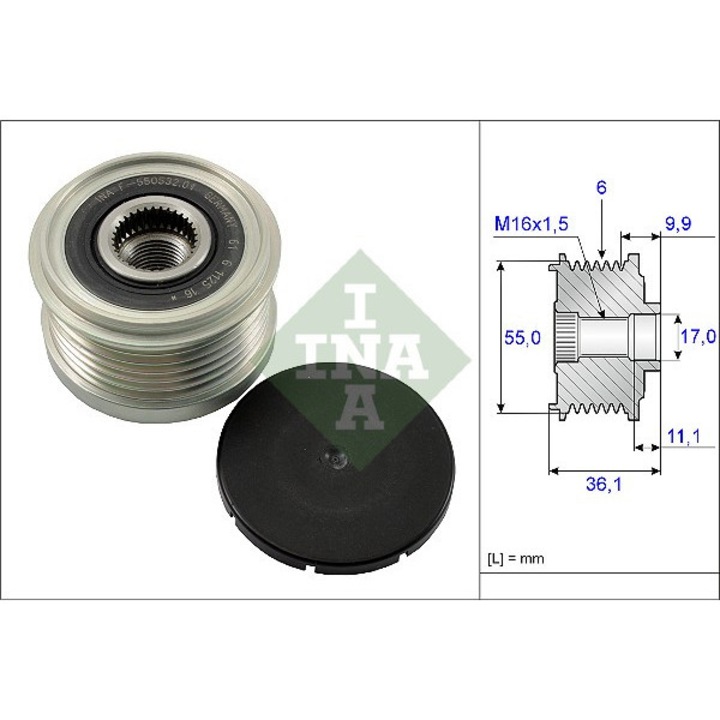 Egyirányú Kuplung, Ina, 535 0103 10, Bordák Száma 6, Távolság az Első Bordától 9.85 mm, Átmérő 1/Átmérő 2 54.9 mm / 17.0 mm, Szélesség 36.1 mm, 54.9 mm x 17.0 mm x 36.1 mm x Generátor