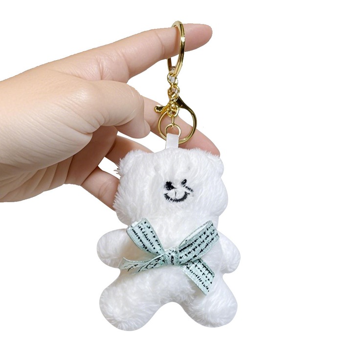 Aranyos plüss kulcstartó, kreatív táska medál, fehér, 7 x 8 cm