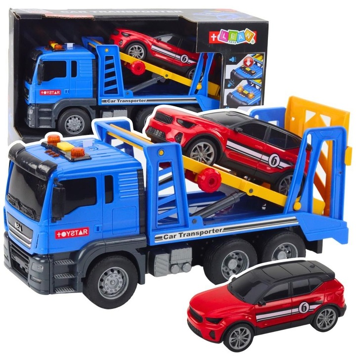 Set camion cu masina sportiva rosie, Leantoys, efecte sonore si luminoase, multicolor