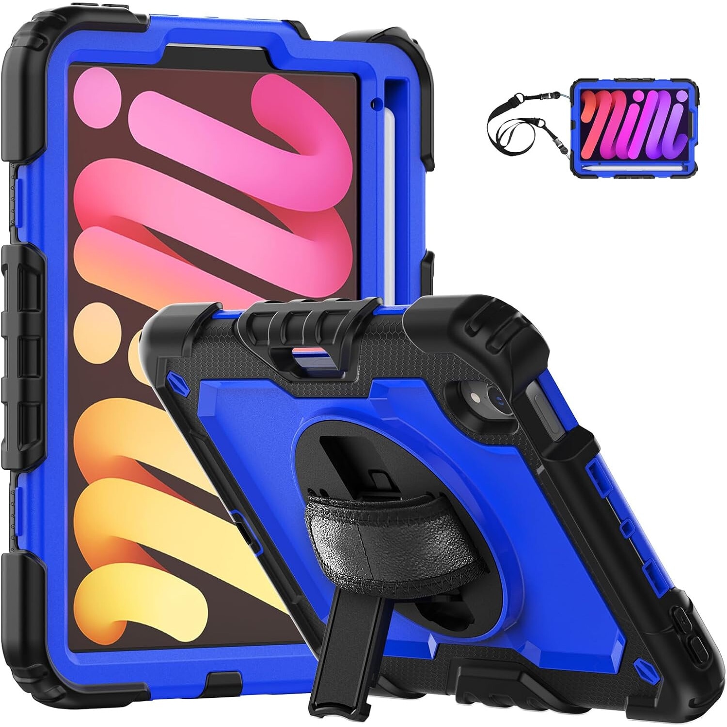 Husa pentru iPad Mini 6 8.3", 3 straturi, suport rotativ, albastru/negru