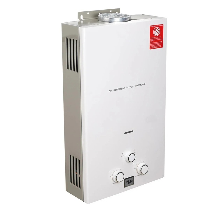 Hordozható vízmelegítő, 10 literes, fehér, átfolyós, propán gáz, 20 kW