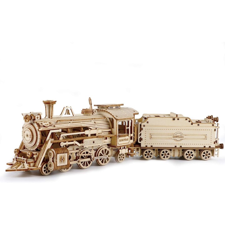 Puzzle 3D din lemn ROKR, model tren Prime Steam Express, 308 piese, 30.7x6.7x8.2cm