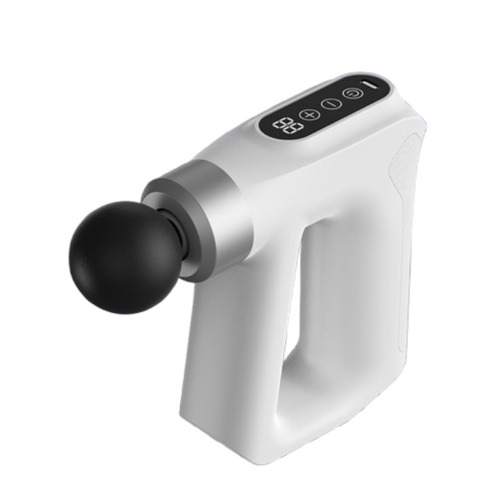 Професионален масажен пистолет, 6 сменяеми накрайника, 12 скорости, бял, 3200 об/мин, 2000mAh