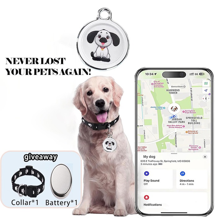 Мини GPS устройство за проследяване на домашни любимци, котки и кучета, защита от изгубване, глобално позициониране, съвместимо с iOS и Android, ултра дълъг живот на батерията, 365 дни в режим на готовност, водоустойчиво, с каишка