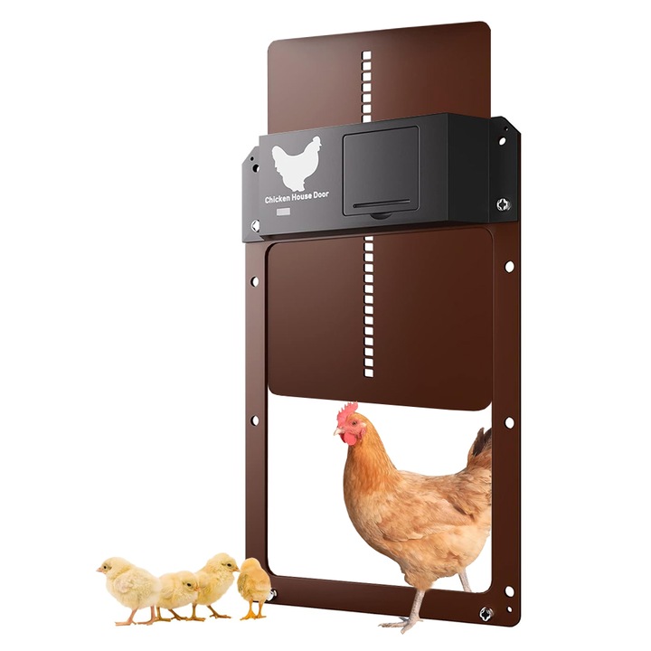 Automatikus tyúkólajtó, fényérzékelő, automatikus záródás napkelte-naplemente szerint, vízálló, elem nem tartozék, ABS, 24x35 cm, barna