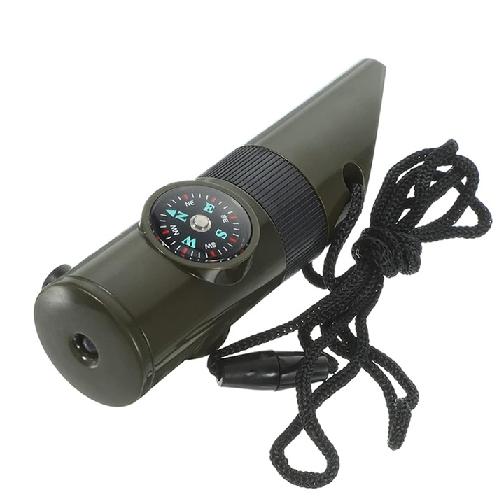 Fluier Militar Cercetas pentru Supravietuire, 7 in 1, functie de fluier, lumina LED, lupa, oglinda, busola, pozitie, busola, pentru Activitati in Aer Liber, Verde