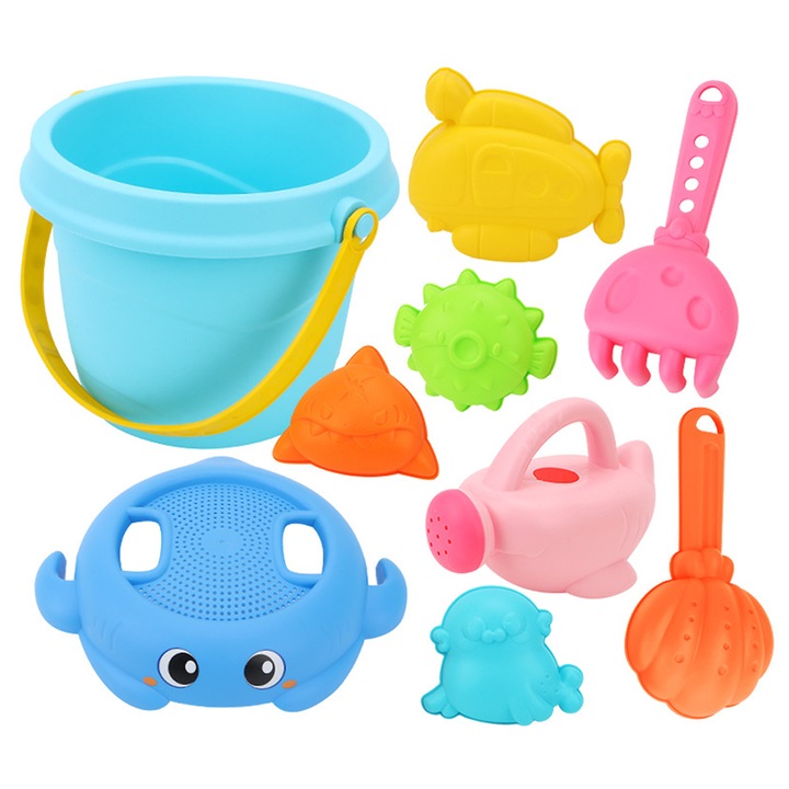 Set jucarii de plaja, galetusa, stropitoare mica, Lopatica, Grebla si alta forma, ABS, 9 Piese, 3 ani+, Albastru