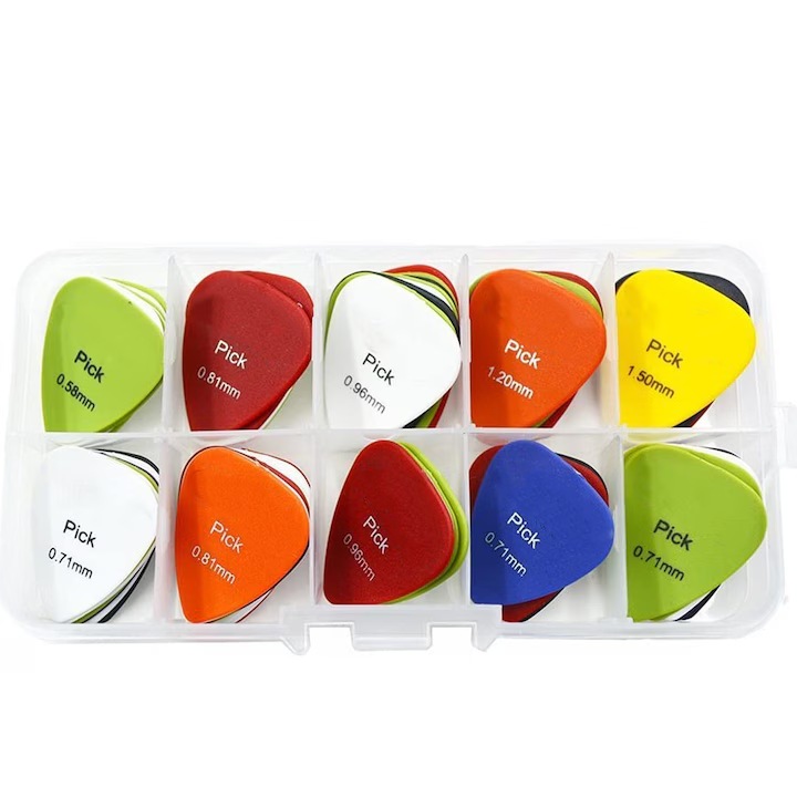 Комплект от 50 перца за китара, Пластмаса, За акустична/електрическа китара, 6 дебелини, матова повърхност, Многоцветни