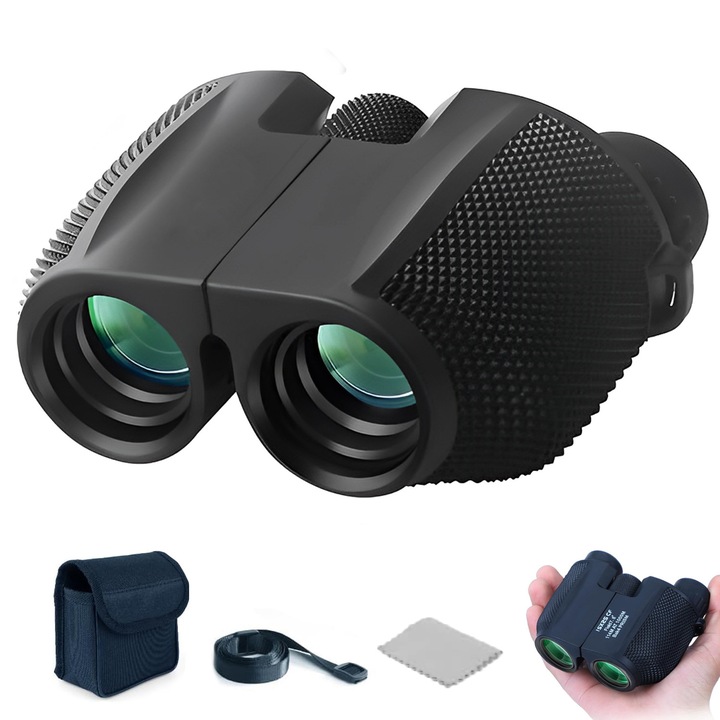 Binoclu, BYONDSELF®, 10x25 Compact, Cu Vedere In Lumina Slaba, Binoclu Mic, Cu Marire Mare Pentru Observarea Pasarilor, Vanatoare, Focus Usor De Reglat, Rezistent La Apa, Pentru Calatorii Si Drumetii In Aer Liber (Marime Mica), Negru Cu Retea