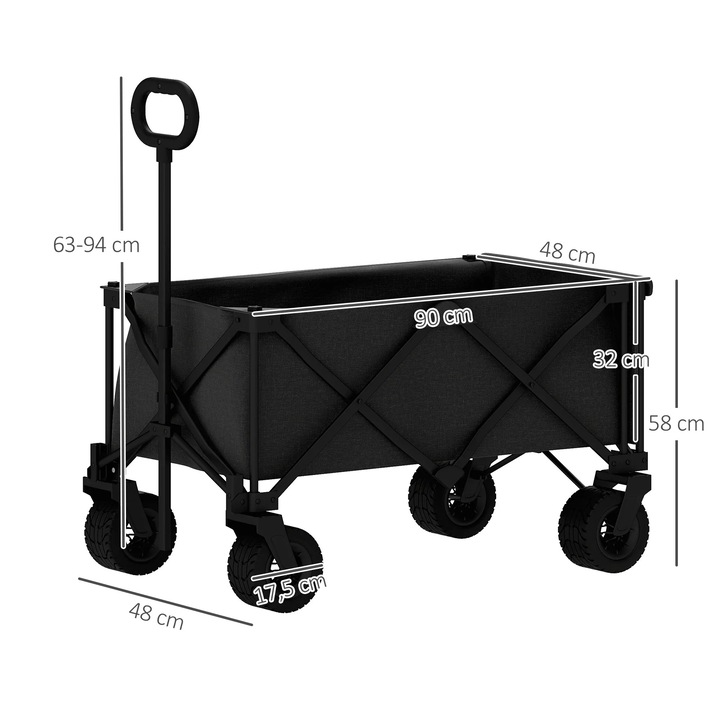 Сгъваема транспортна количка, голям капацитет 138 л, въртящи се колела, регулируеми дръжки, черна, размери 90x48x92 см