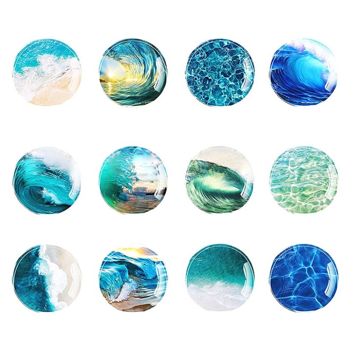 Set 12 Magneti frigider, Design valuri, Sticla 3D, 25x10mm