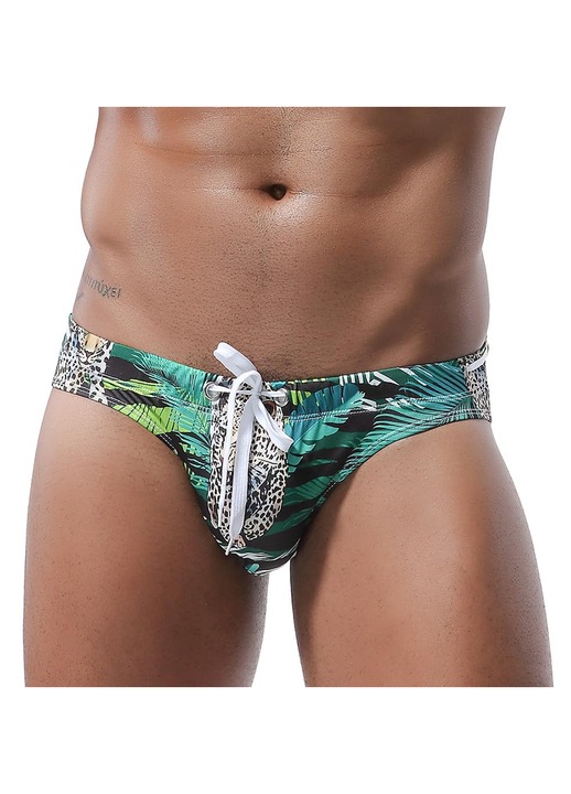 Costum de baie barbati, TREXORA, poliester, imprimeu tropical si leopard, verde, marime XL