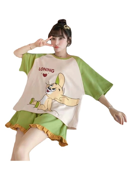 Set pijama dama TREXORA, imprimeu soarece cu inima, poliester, verde, marime XL