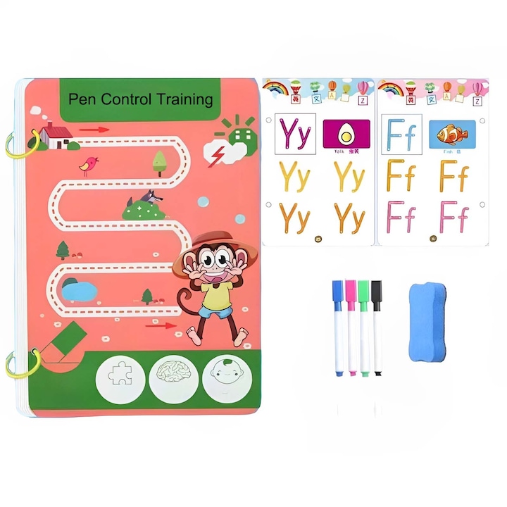 Carte de exercitii pentru scriere reutilizabila, TREXORA, educatie Montessori, 3-8 ani, practica repetabila, dezvoltare gandire