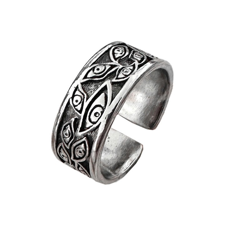Inel Viking Evil Eye, aliaj, ajustabil, finisaj argintiu antic, pentru barbati