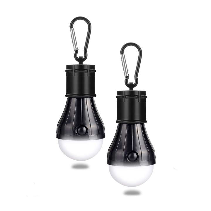 Set de 2 lampi de camping TREXORA, cu clip de carabina, luminozitate ajustabila, alimentate cu baterii, impermeabile, design compact, negru