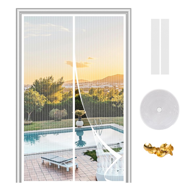 Plasa de insecte pentru usa, inchidere magnetica, cu 32 magneti puternici, Pioneze, Curea Velcro si banda dublu adeziva incluse, Poliester, 210 x 100 cm, Alb