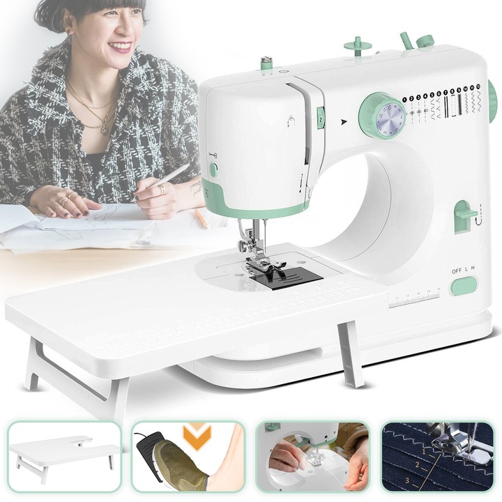 Преносима електрическа шевна машина EXCITAT® с 12 вида шевове, разтегателна маса и 54 аксесоара, с вградена светлина – Идеална за начинаещи, у дома или по време на пътуване