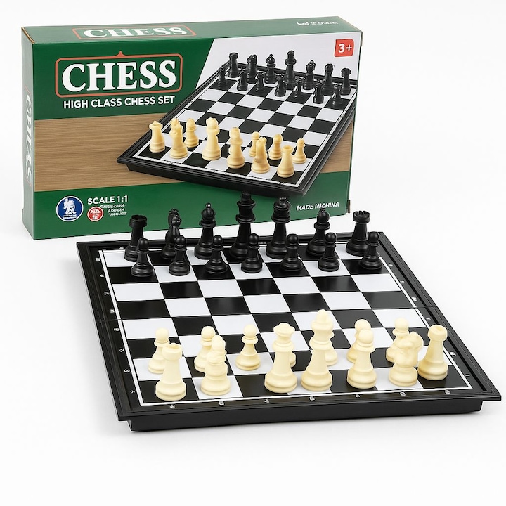 Комплект преносими шахматни игри, магнитна дъска, черно-бял, 32x32см