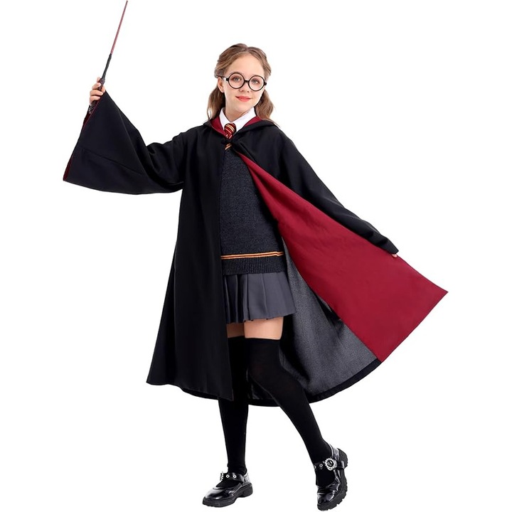 Costum Harry Potter Copii - Roba Hogwarts Gryffindor (10-12 ani, 155 cm) cu Esarfa, Cravata, Ochelari & Bagheta Magica - Costum Magic Premium pentru Baieti si Fete, Calitate Superioara