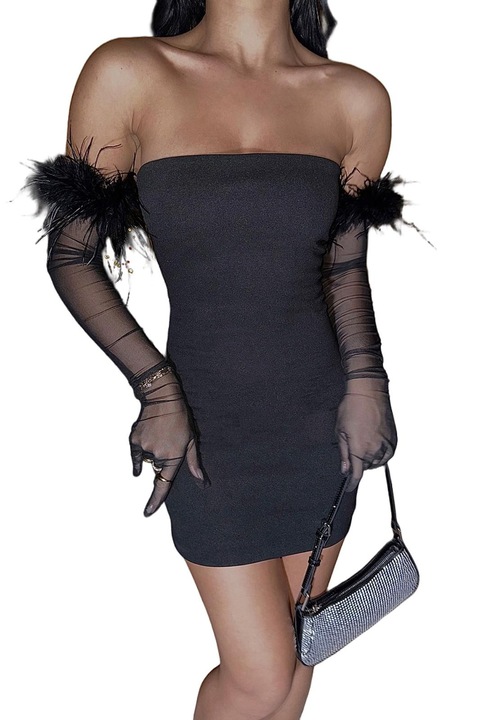 Rochita mini neagra cu manusi cu puf, Negru