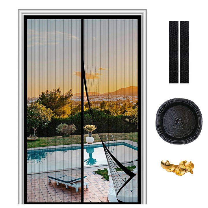 Plasa de insecte pentru usa, inchidere magnetica, cu 32 magneti puternici, Pioneze, Curea Velcro si banda dublu adeziva incluse, Poliester, 210 x 100 cm, Negru