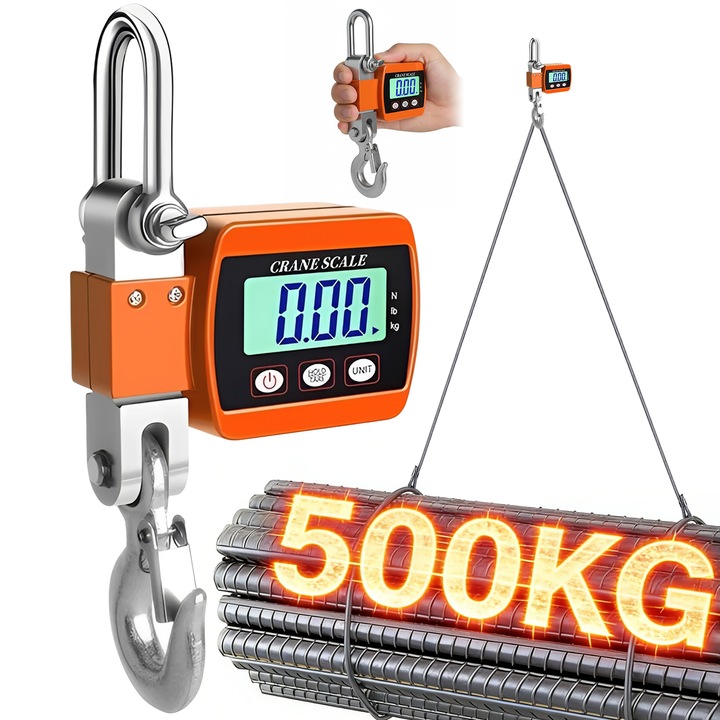 Cantar electronic de mana de 500 kg, BYONDSELF®, cantar suspendat portabil cu carlig robust, potrivit pentru bucatarie, pescuit, Alimente, Transport, Constructii, Fabrici, Vanatoare, Portocaliu