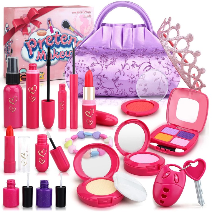 Trusa de machiaj pentru copii fete BYONDSELF®, Set de machiaj pentru casuta de joaca pentru printese, pentru copii de 3-6 ani, include set de machiaj complet, chei de jucarie si accesorii de machiaj, cadou pentru fete, Mov intens
