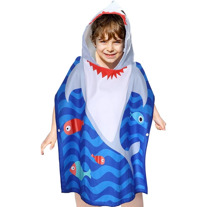 Prosop Poncho de plaja pentru copii, cu gluga, baie, plaja, inot, 120x60 cm, Albastru