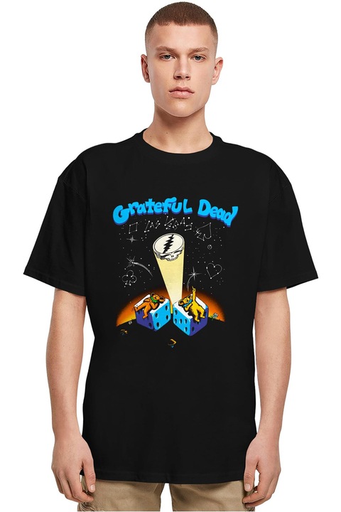 Merchcode, Tricou cu decolteu la baza gatului si imprimeu grafic, Negru/Portocaliu/Albastru azur