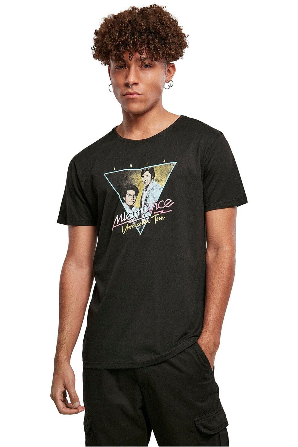 Merchcode, Tricou cu decolteu la baza gatului si imprimeu foto, Alb, Galben pal, Negru stins, M