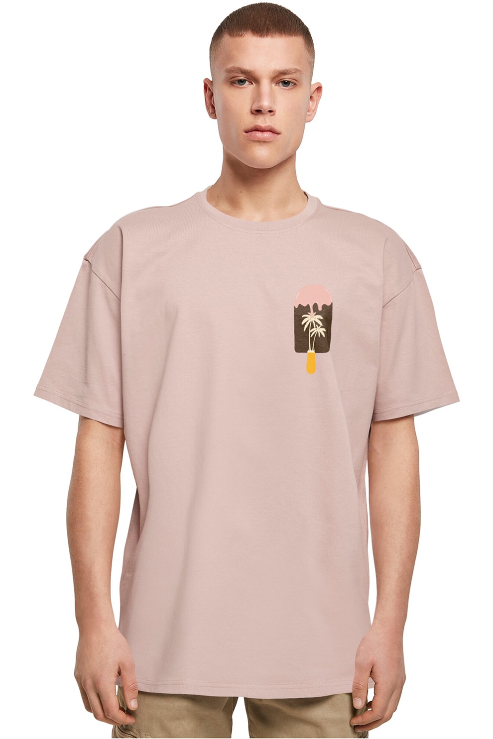 Merchcode, Tricou din bumbac cu decolteu la baza gatului, Portocaliu deschis, Roz prafuit, L