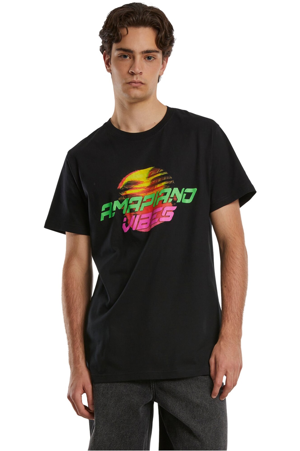 Mister tee, Tricou cu imprimeu grafic si decolteu la baza gatului, Negru, Roz orhidee, Verde lime, L