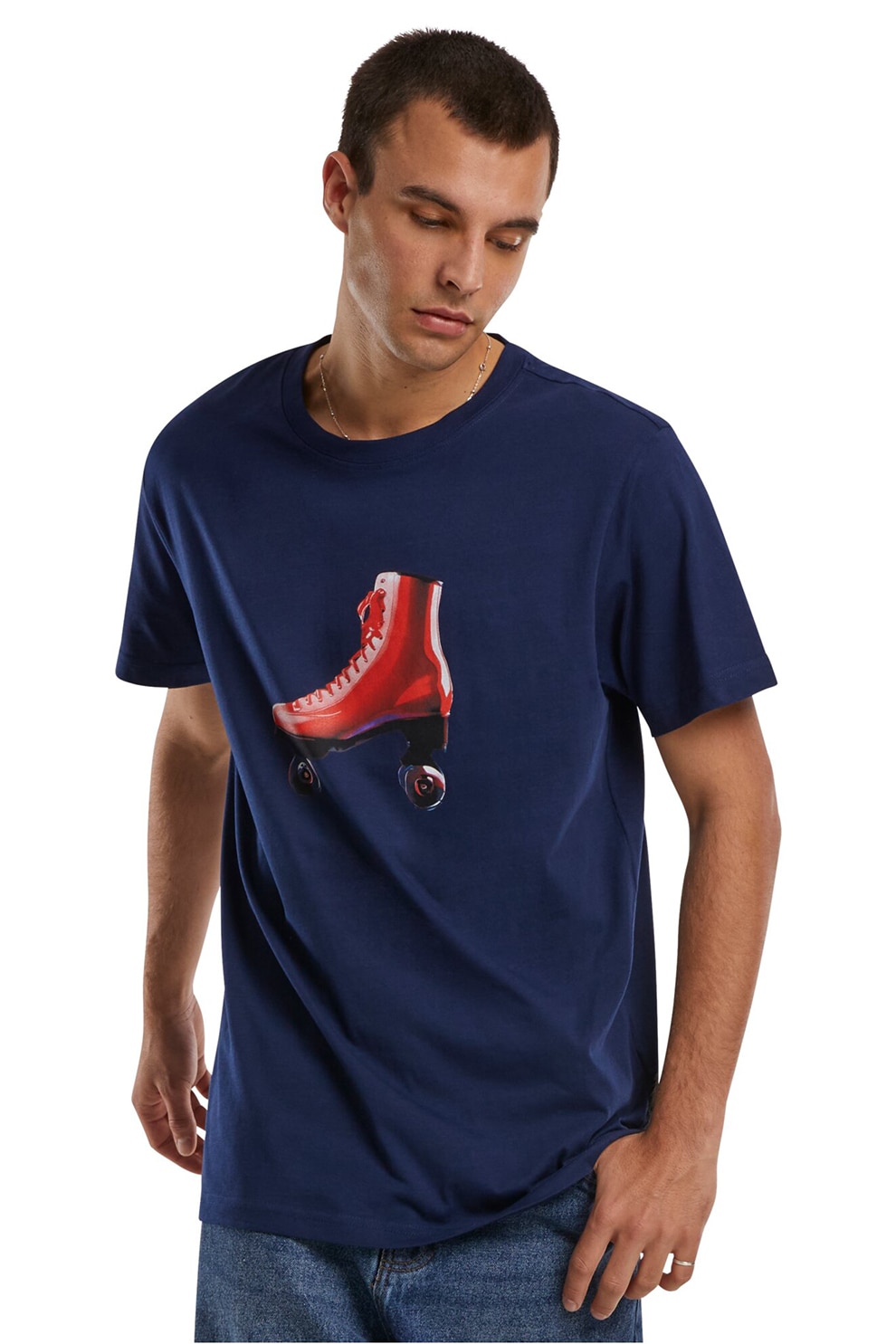 Mister tee, Tricou cu imprimeu grafic si decolteu la baza gatului, Rosu inchis, Bleumarin, M