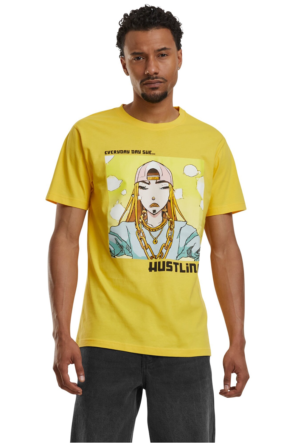 Mister tee, Tricou cu imprimeu grafic si decolteu la baza gatului, Negru, Galben sofran, Albastru pal, XS