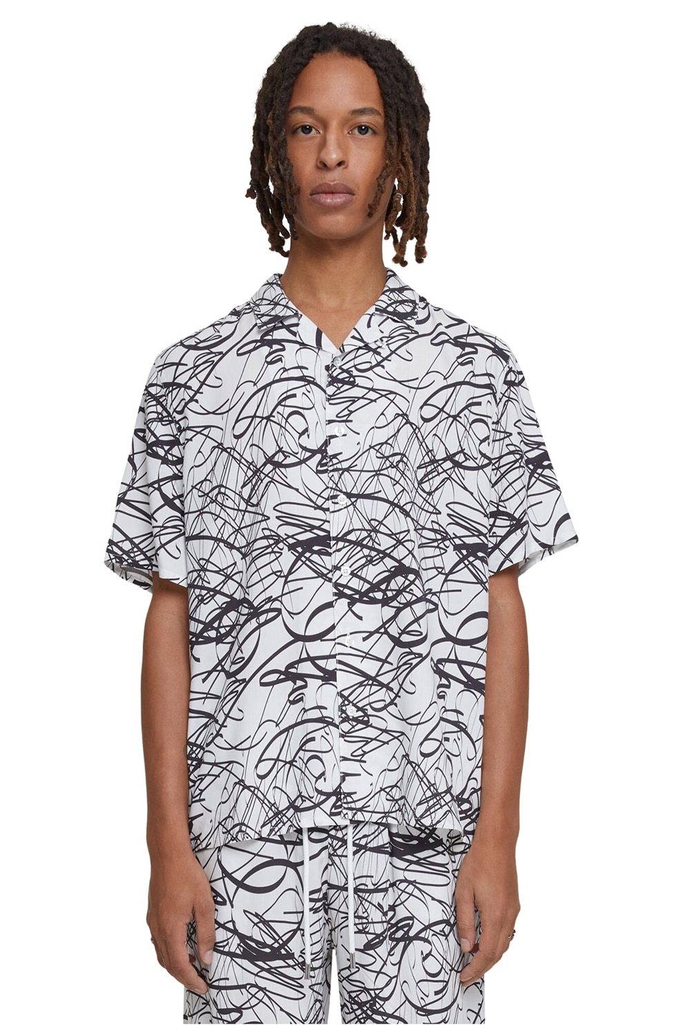 Urban Classics, Camasa cu maneci scurte si model, Alb, Negru, XL