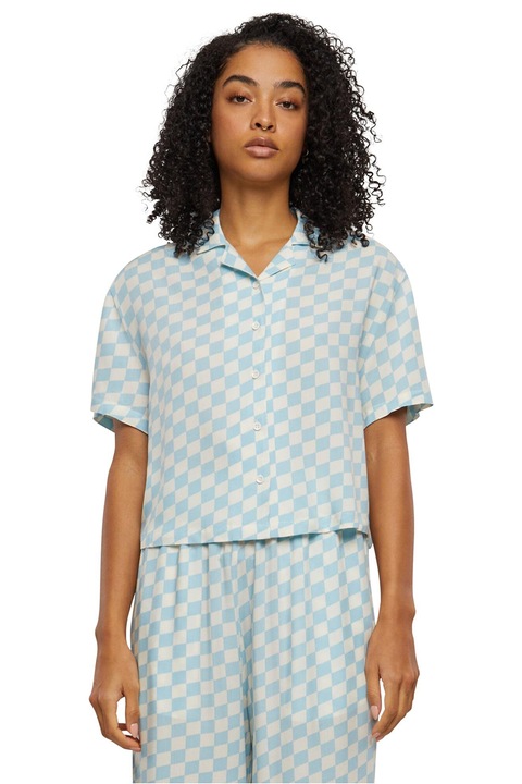 Urban Classics, Camasa cu decolteu in V si model in carouri, Alb/Albastru glaciar