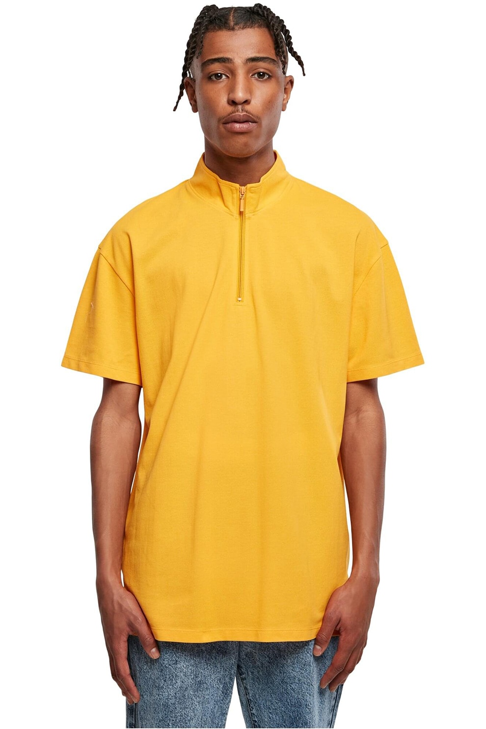 Urban Classics, Tricou din bumbac cu fermoar scurt si model uni, Portocaliu, L