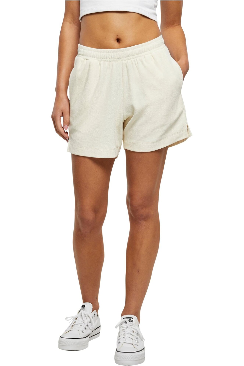 Urban Classics, Pantaloni scurti cu buzunare laterale si model uni, Alb fildes, S