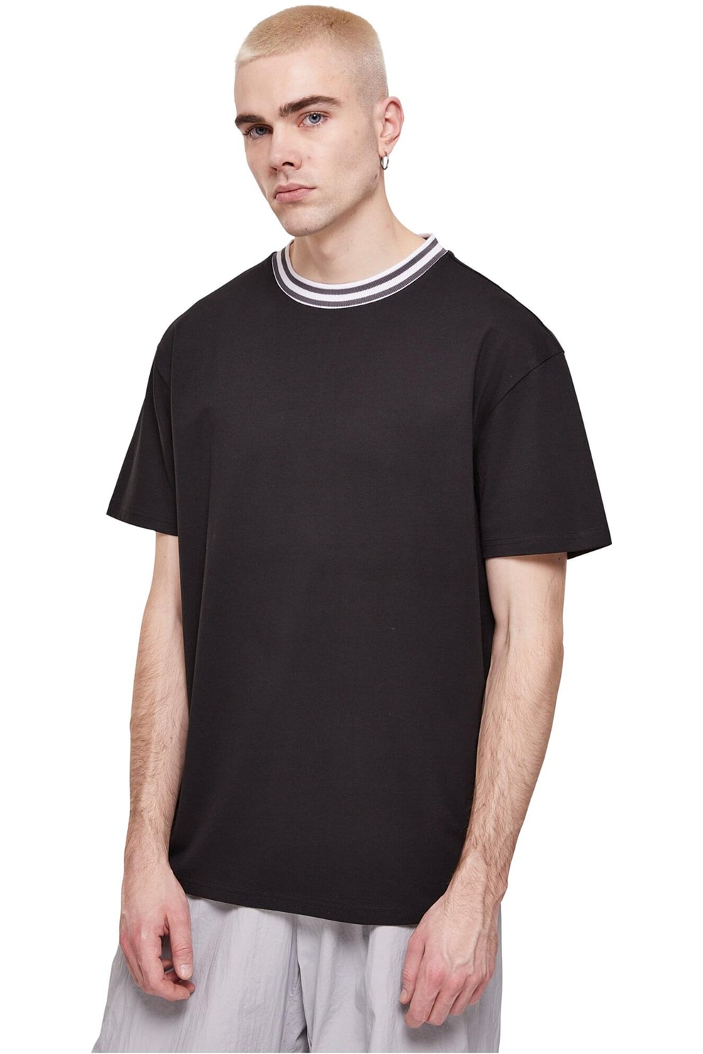 Urban Classics, Tricou din bumbac cu decolteu la baza gatului, Alb, Negru, S