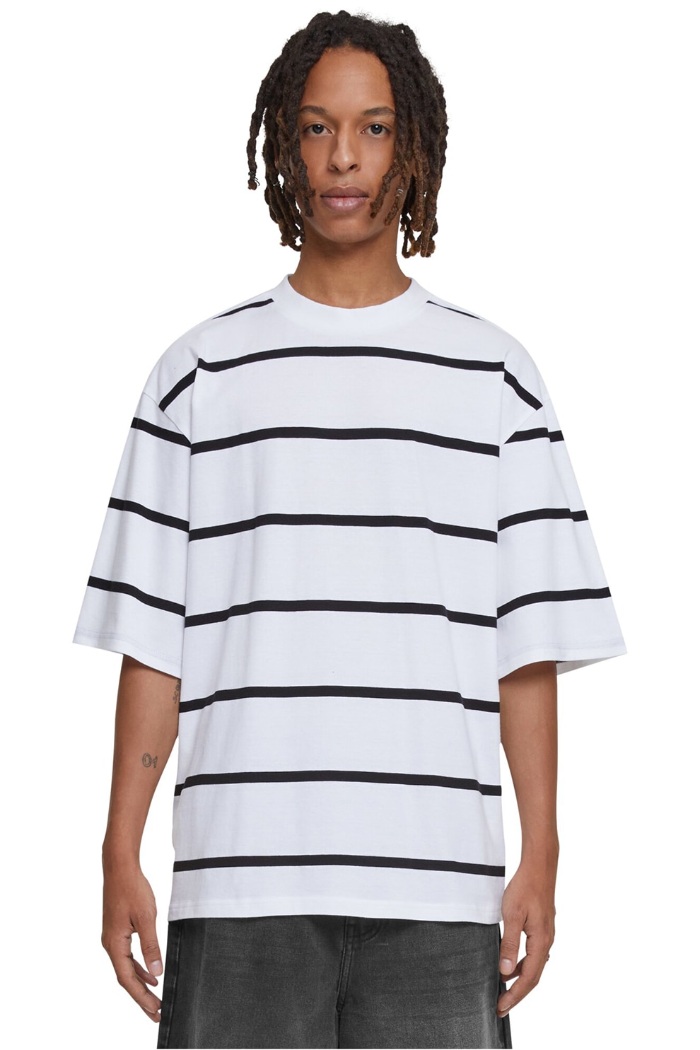 Urban Classics, Tricou supradimensionat cu model in dungi, Alb, Negru, L