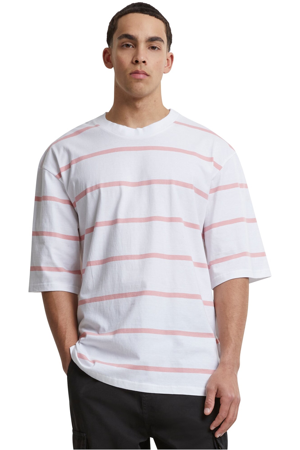 Urban Classics, Tricou supradimensionat cu model in dungi, Alb, Roz pastel, M