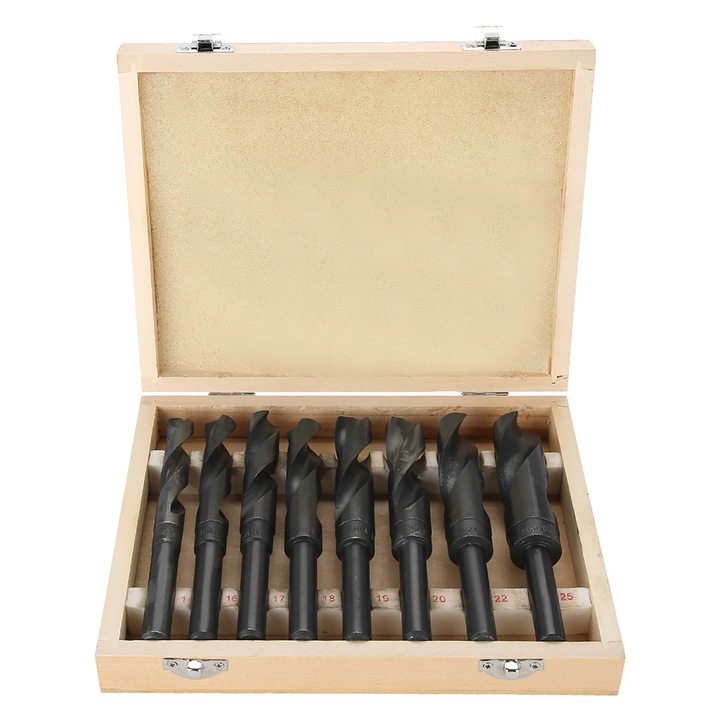 Set de burghie din otel carbon de inalta viteza 14-25mm, prezentat in cutie din lemn