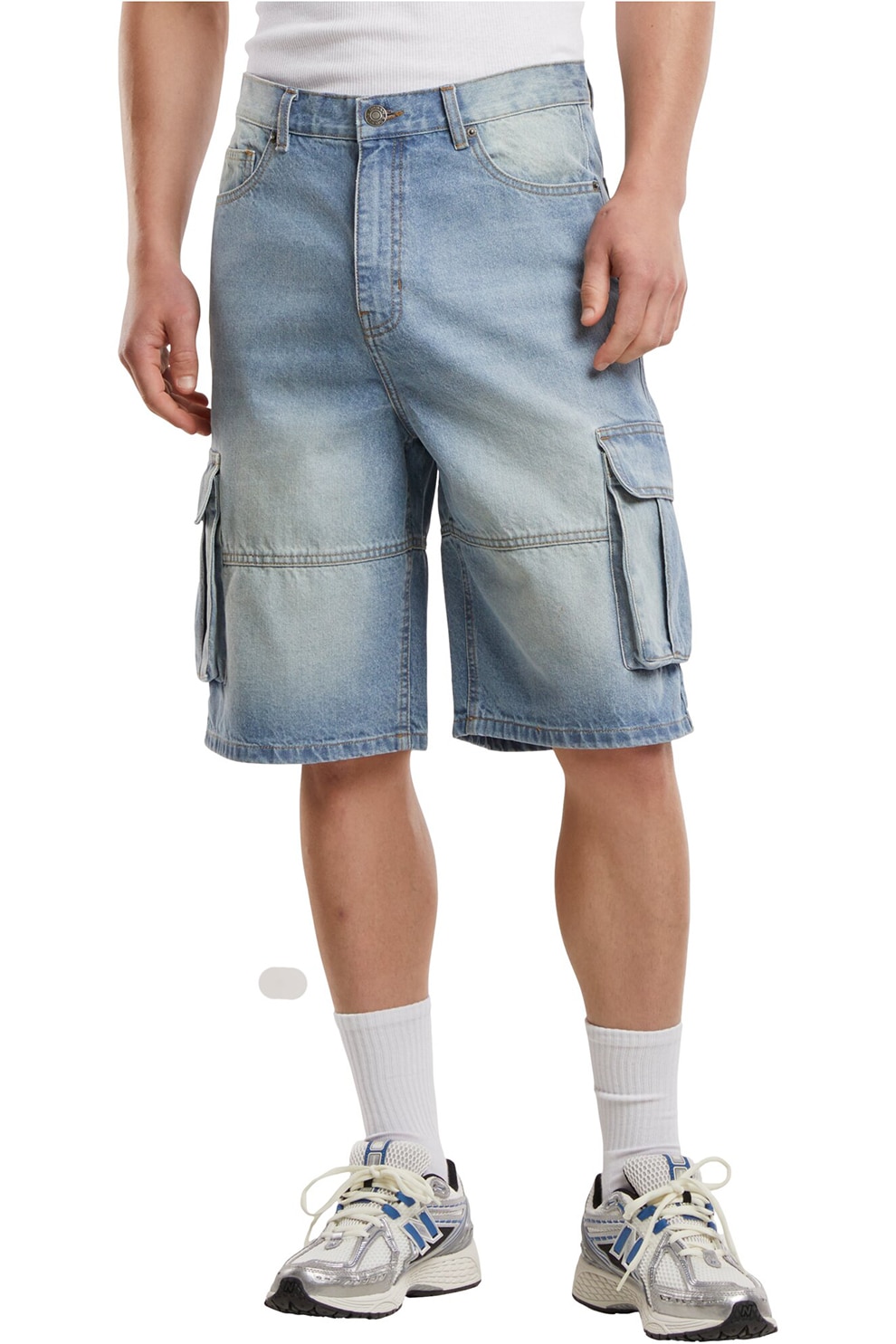 Urban Classics, Pantaloni scurti cargo din denim, Alb murdar, Albastru, 34